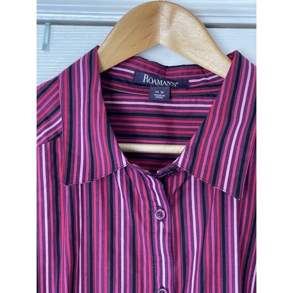 Roaman's Womens Plus Size Kate Tunic Big Shirt Purple Stripe 16 W Button-up 3/4 - Picture 2 of 11